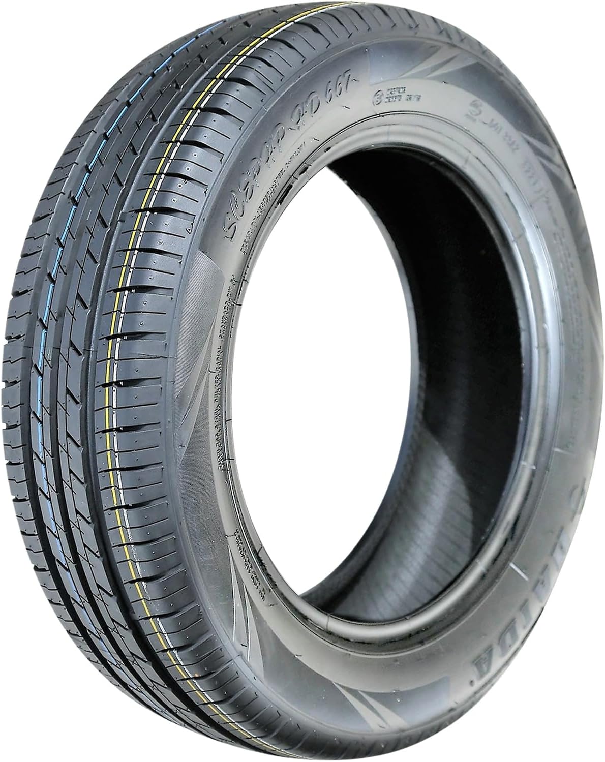 Haida SCEPHP HD667 all-season passenger tire, ribbed tread with dense siping, four longitudinal channels and a yellow paint stripe across the shoulder